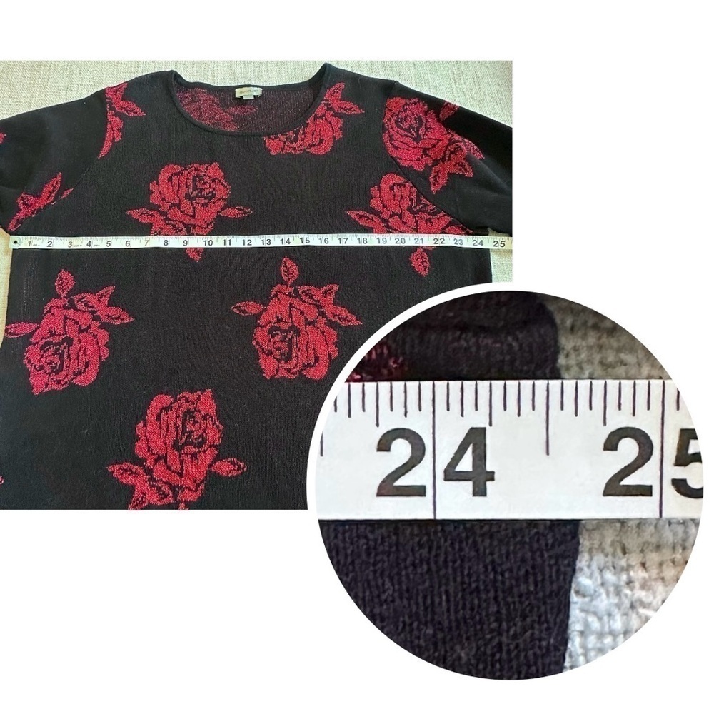 AVENUE Black Red Metallic Detail Rose Lightweight Sweater Whimsigoth Women 18/20 - Picture 9 of 12